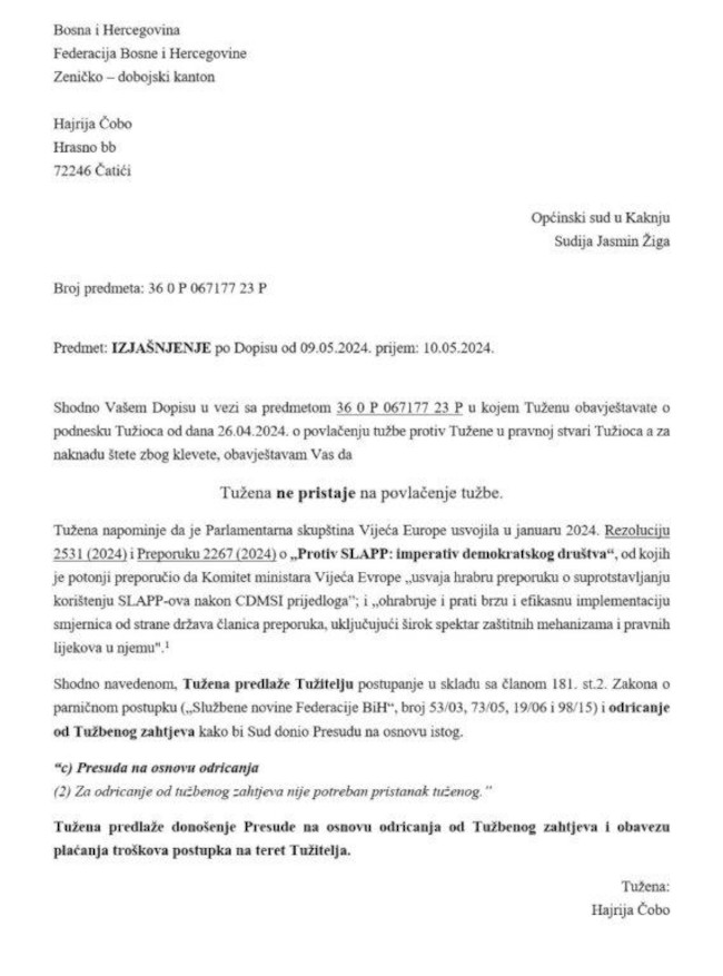 2024 V 23 Cobo se izjasnila da se protivi povlacenju tuzbe 110 ss