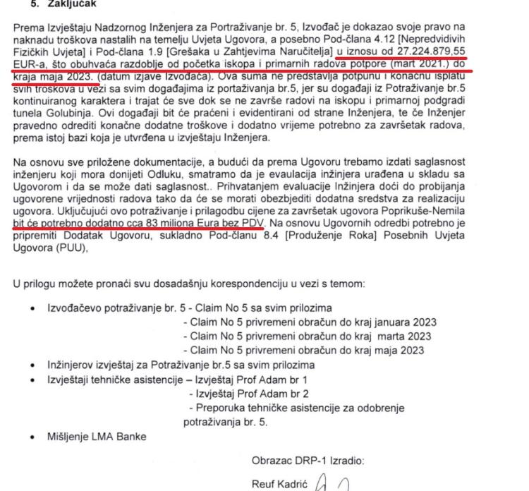 Faksimil dijela akta sefa projekta dionice o dodatnih 83 miliona eura