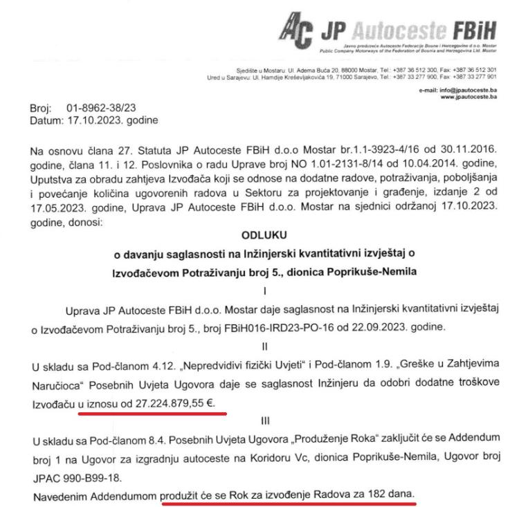 Faksimil odluke Autocesta FBiH o odobrenju 272 miliona eura