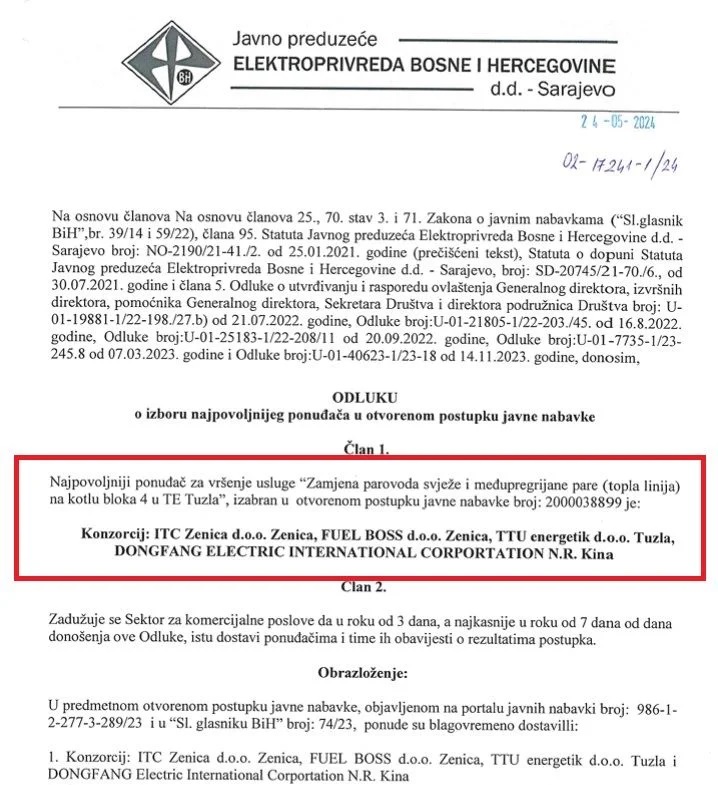 Faksimil odluke EP za blok 4 posao opet Dongfangu i ITCu 1