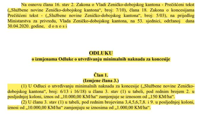 slika 5 odluka mirze ganica o smanjenju koncesione naknade april 2020