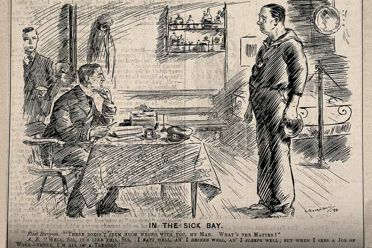 A seaman telling the ships doctor that hard work is bad for Wellcome V0011442 900x600