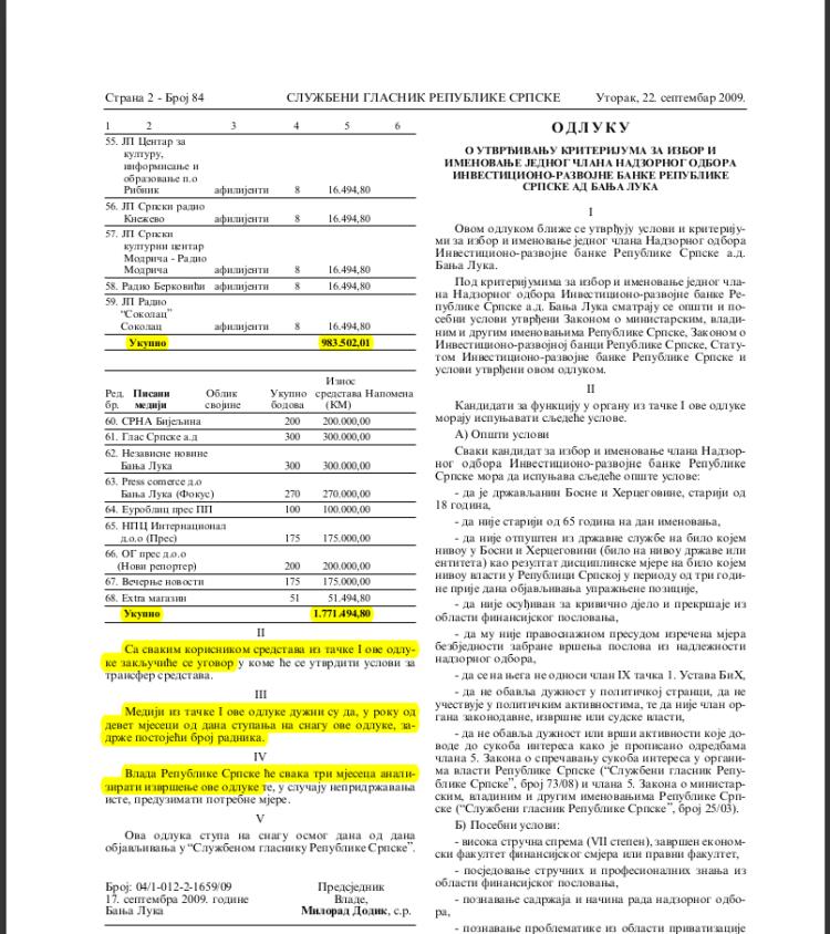 Odluka o dodjeli sredstava medijima 2009 2