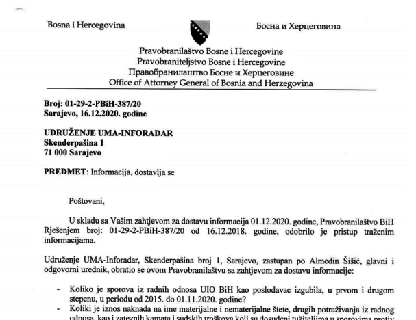 FAKSIMIL odgovor Pravobranilastva BiH mobing UIO 1