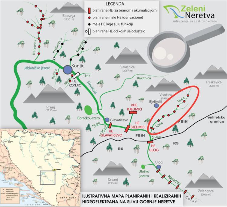 Ilustrovana mapa planiranih hidroelektrana na Gornjoj Neretvi 1024x933